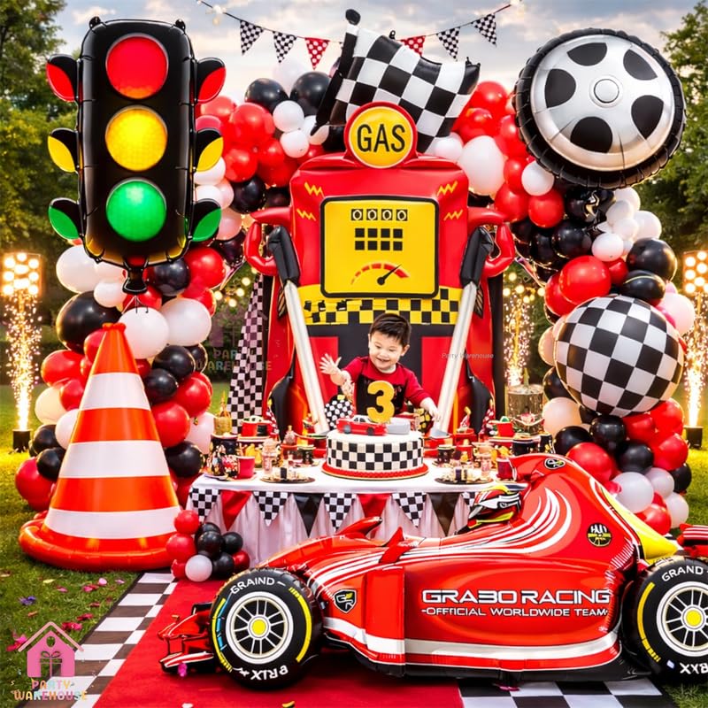 Image of Party Warehouse Racing Car Theme Birthday Decoration Set-XXL Gas Standee Pump Balloon,Car,Traffic Signal,Tyre,Checkered Flag & Cone Foil Balloon|Car Theme Party|Boys Birthday Racing Party Decor-37 Pcs