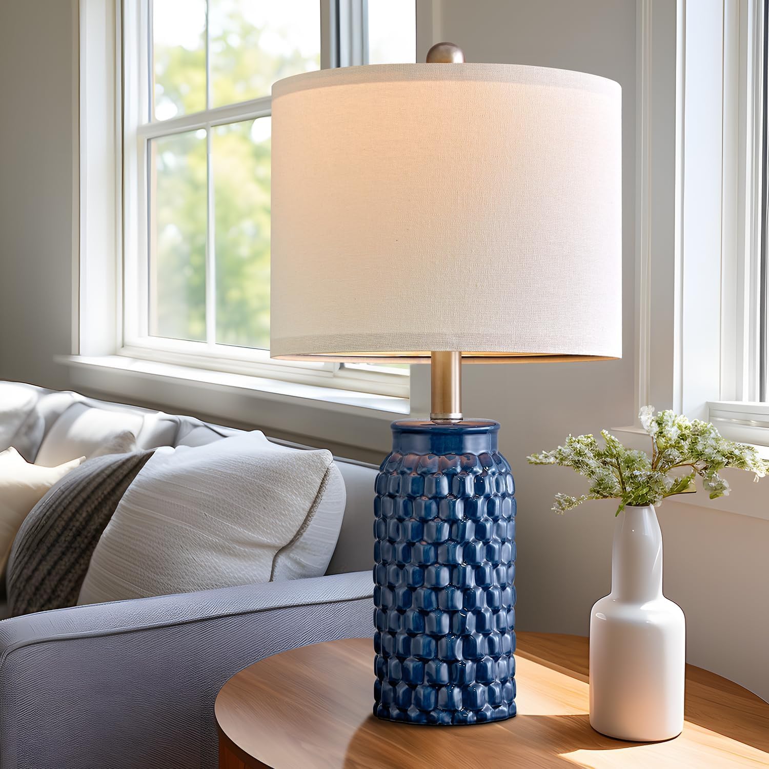 USumkky Lampada da comodino moderna in ceramica da 50,8 cm, blu scuro, set di 2 per la decorazione della camera da letto, lampada da tavolo per soggiorno, ufficio, dormitorio