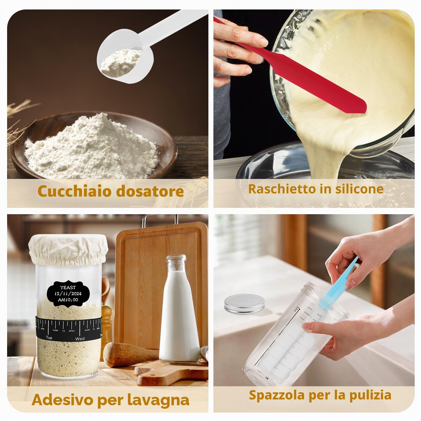 DONQL Barattolo per Lievito Madre in Vetro, 730ML Starter Kit di Lievito, Contenitore Lievito Madre di Vetro con Termometro, Raschietto in Silicone, Misurino, Kit Lievito Madre per Panificazione Casa