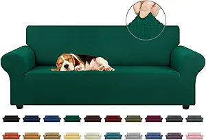 KEKUOU Stretch Sofa Cover Slipcover ,Couch Covers for 3 Cushion Couch Sofa pet Friendly (78"-94") Furniture Protector Sofa with Elastic Bottom for Kids,Dog, Jacquard Small Checked(Large,Hunter)