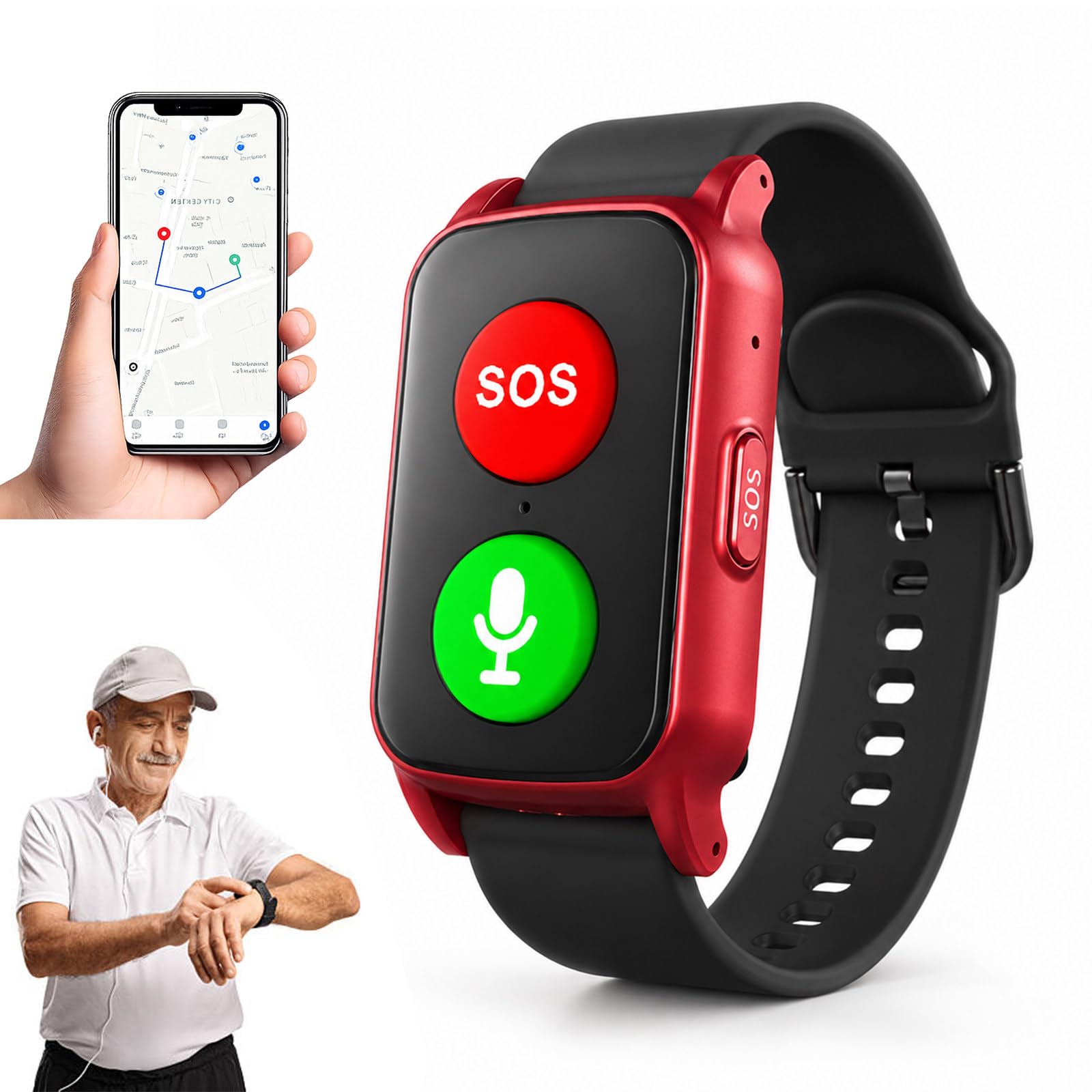 Orologio di Risposta di Emergenza Personale per Anziani, Localizzatore GPS di Rilevamento Caduta con Pulsante Rosso, Allarme di Sicurezza per Anziani Impermeabile, Ideale per Casa, Esterno