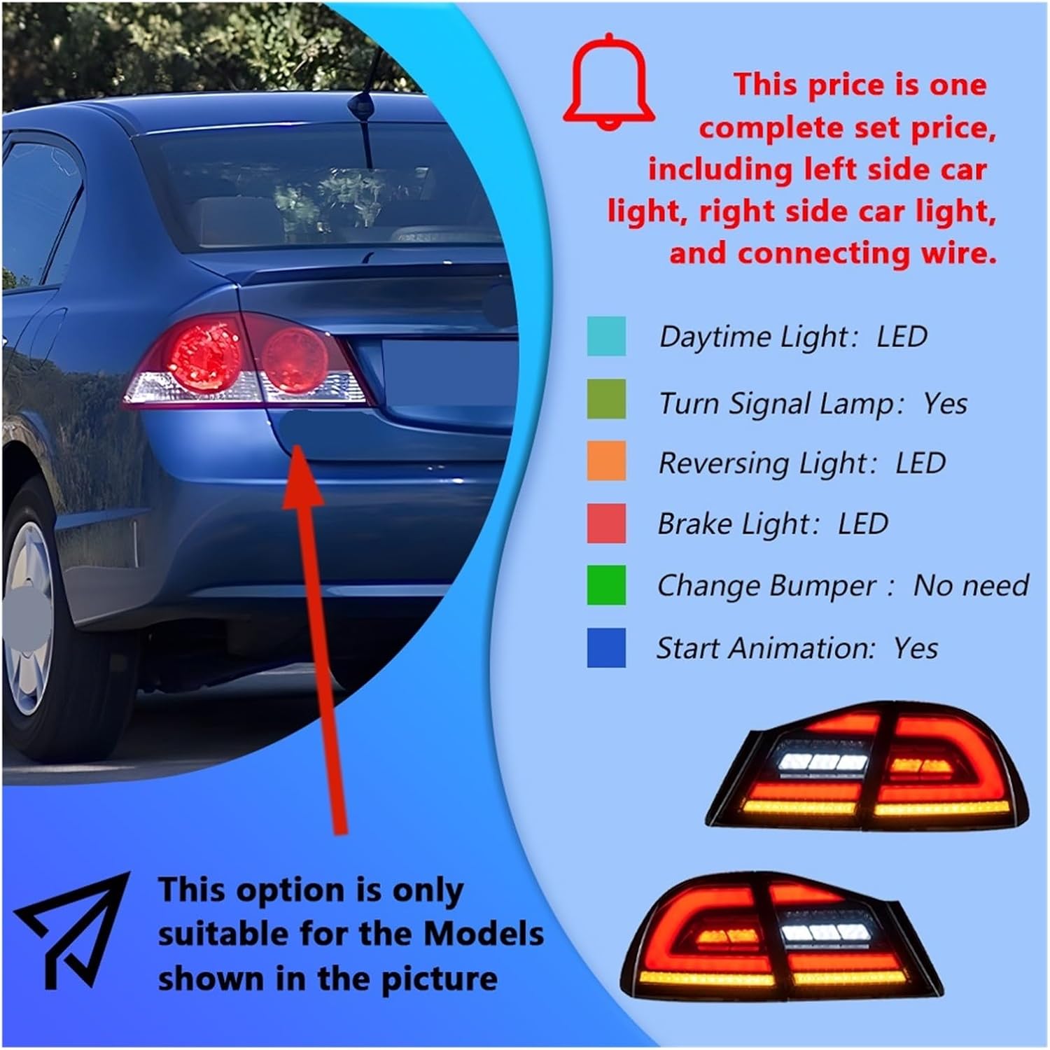 For Honda Civic FD2 8th 2006-2012 LED Car Taillights Assembly Upgrade Dynamic Flashing Signal Light Accessories(Red one set)