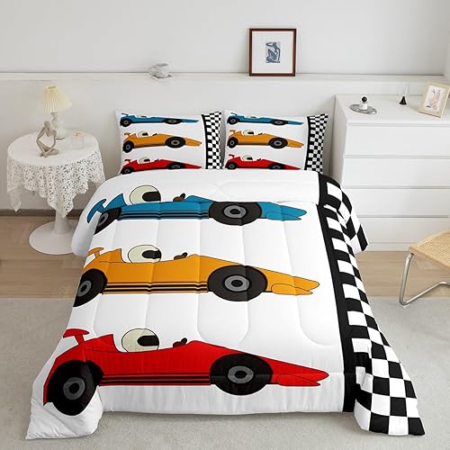 jejeloiu Cartoon Car Bedding Set Full Size Black White Checkerboard Comforter Se