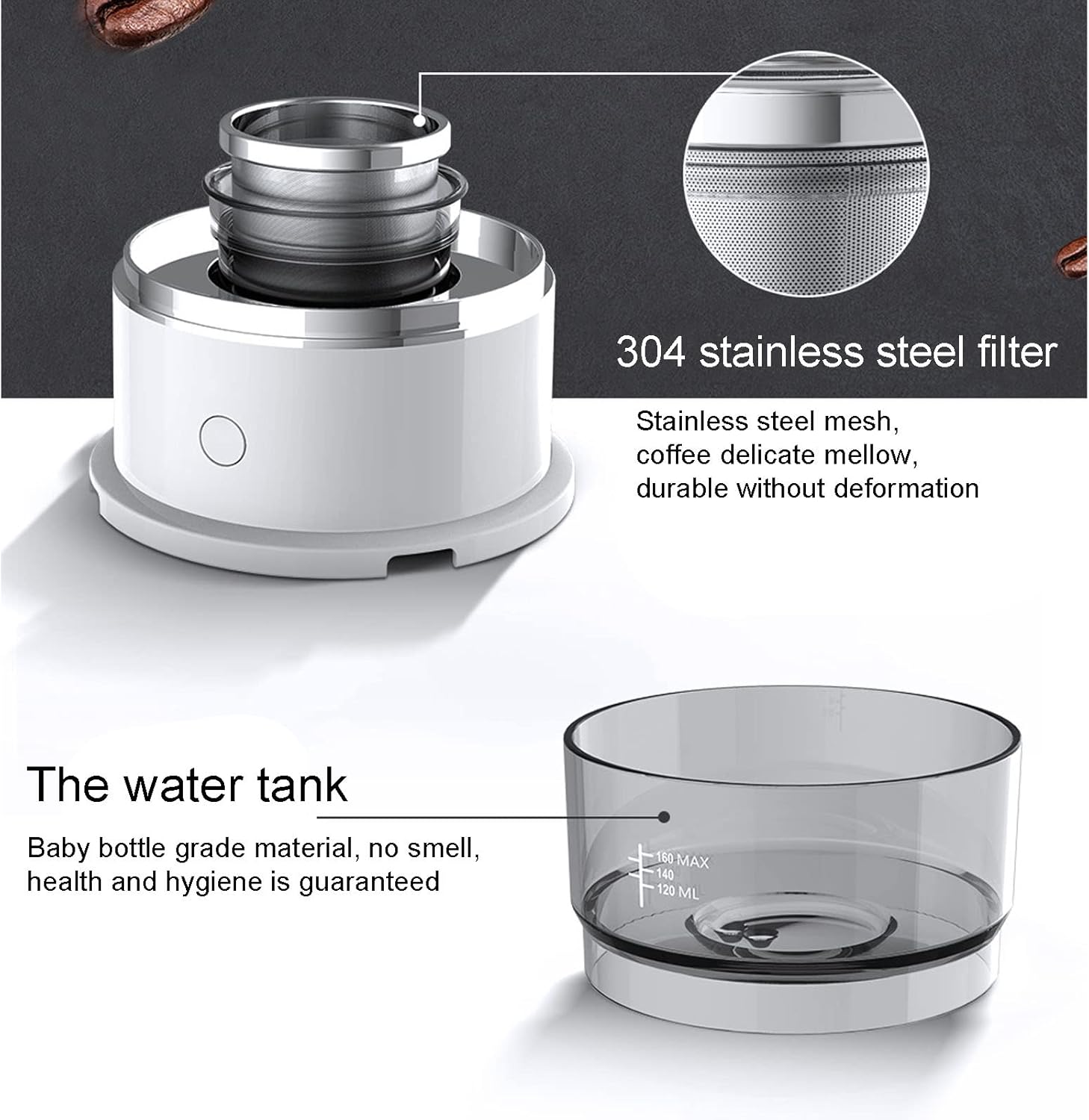 Asixxsix Mini Drip Coffee Maker, ABS Stainless Steel Automatic Hand Brewing, Portable Reusable Pour Over Coffee Maker, Single Serve Coffee Brewer for Travel, Car, Home, Office, 120 Milliliters, White