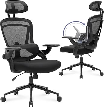 Nouhaus Ergonomic Mesh Office Chair with Adjustable Lumbar Support and Flip-up Armrest High Back Headrest Tilt Comfortable Computer Gaming Chair Swivel Desk Chair Ergo Fit, Dark Black