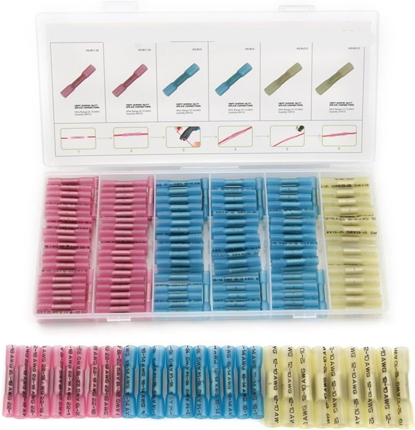 200Pcs Heat Shrink Terminals Insulated Butt Electrical Splice Wire Connectors Cable Crimp Terminal Connector AWG 22-10