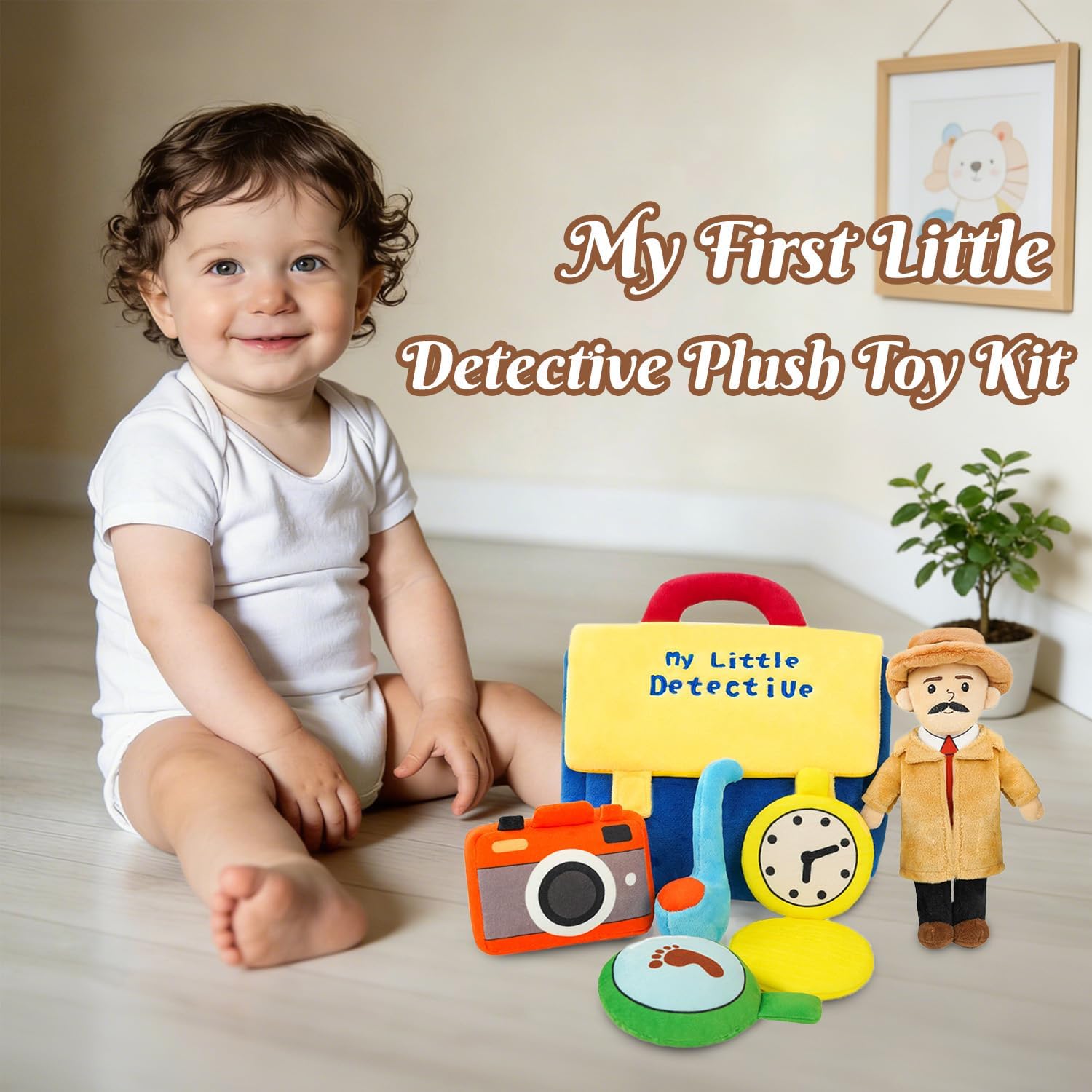 Baby Boy Plush Toys 0-6-18 Months My Little Detective Stuffed Animal Set for Toddlers Pretend Play Kit with Detective Doll, Camera, Magnifier, Clock Newborn Infant Toys for Boys & Girls Gift Ages 1-3