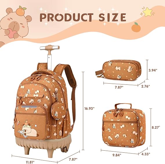 3 PCS Capybara Rolling Backpack for Boys Girls with Lunch Bag