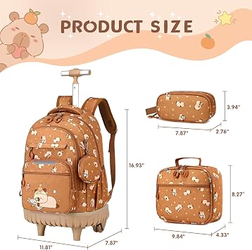 3 PCS Capybara Rolling Backpack for Boys Girls with Lunch Bag