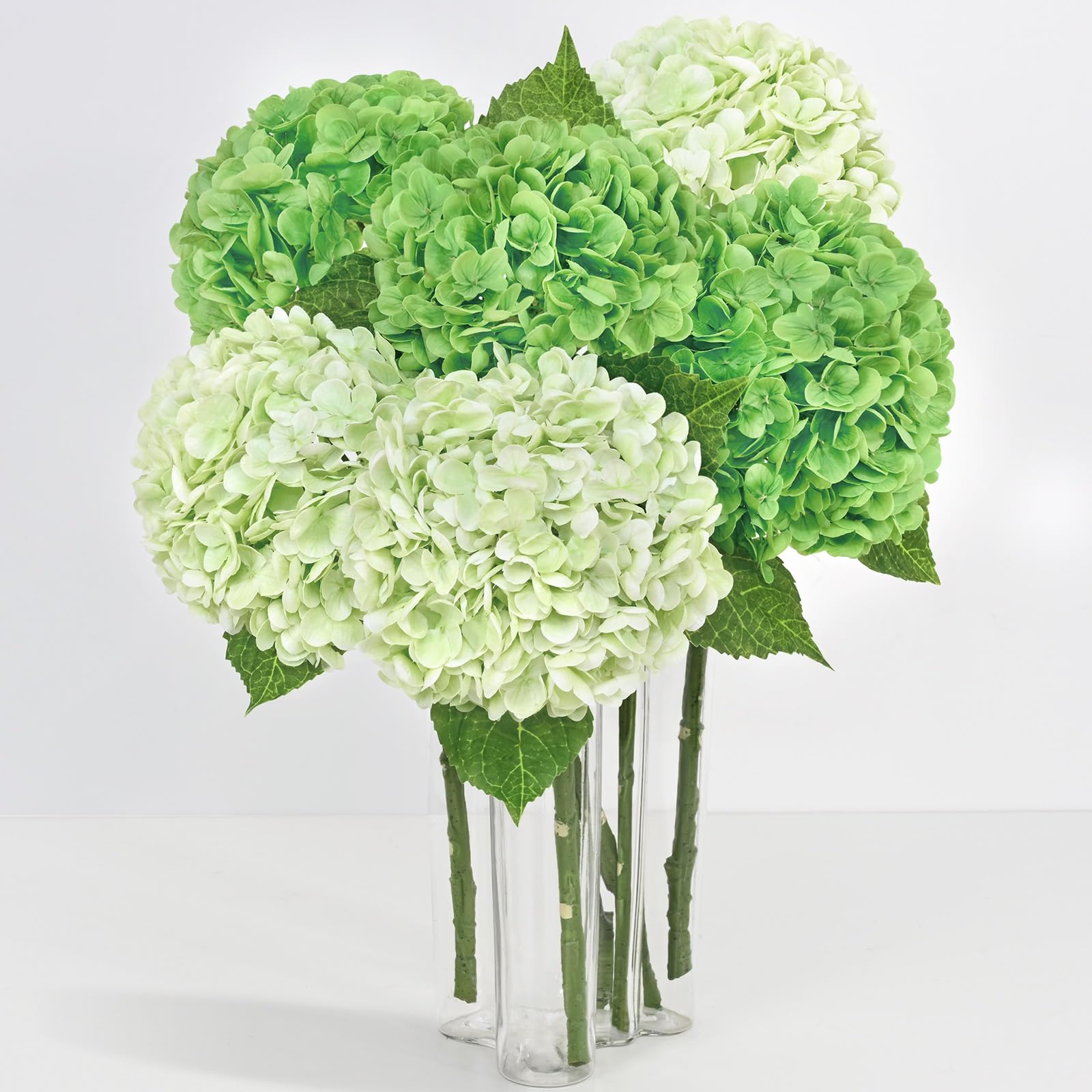 Lot de 6 fleurs d'hortensia artificielles 53,3 cm en latex vert clair et vert foncé pour décoration