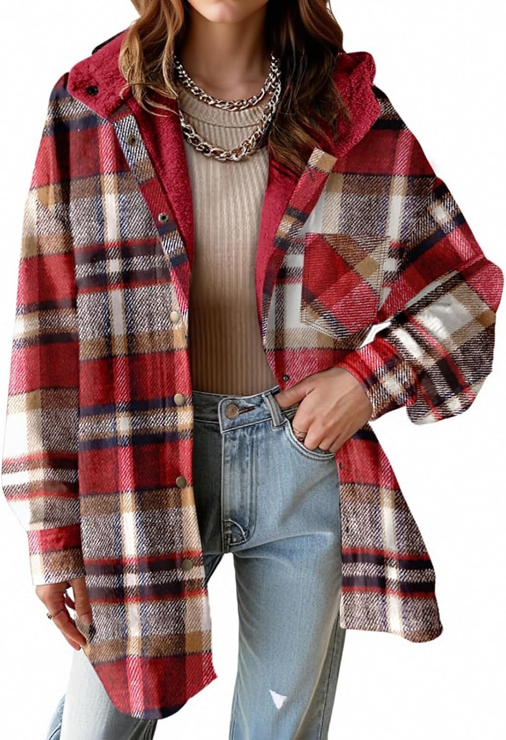 Women Flannel Shacket Jacket Plaid Hooded Winter Coats Long Sleeve Button Down Shirts Fuzzy Fleece Jacket Outerwear