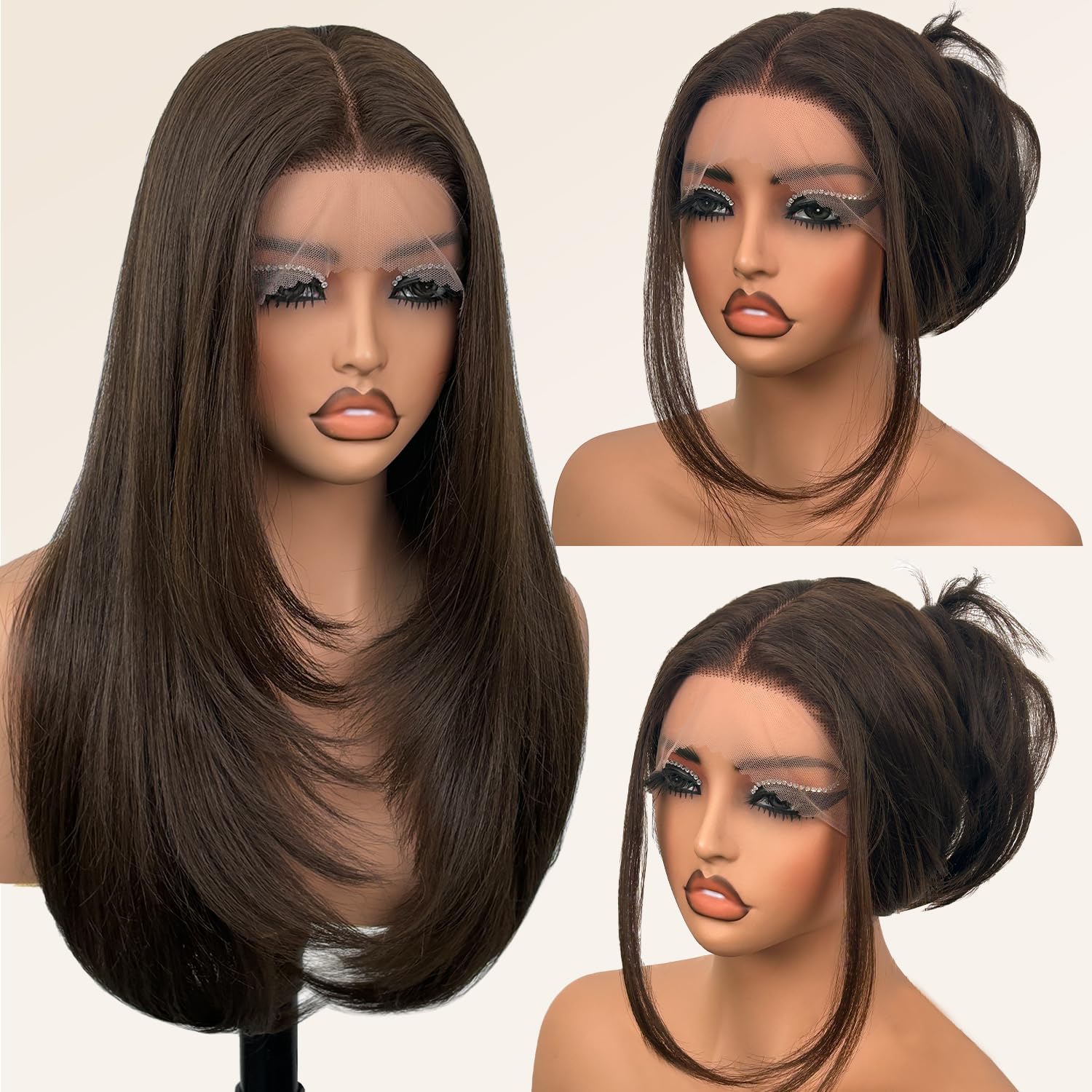 Glueless Synthetic Lace Front Wig 26 Inches Long Straight Brown Wigs for Black Women 13x5x1 HD Lace Hand Tied Pre Plucked Hairline (#4 Chocolate Brown, 26 Inch)