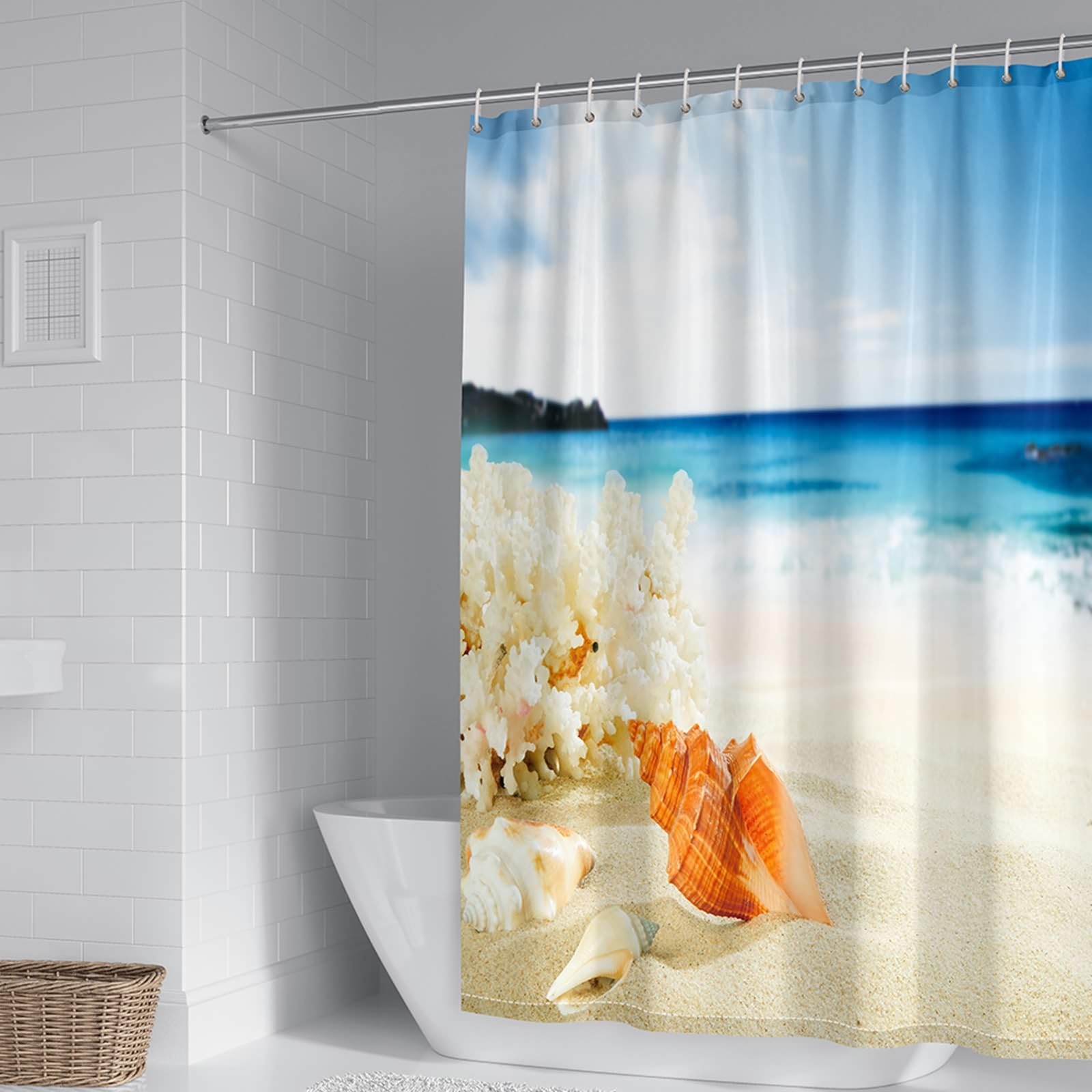Zasłona prysznicowa 180 wysokości, 120 x 180 cm poliester Coral Shell Sea Beach zasłona wanna ze wzmocnionymi otworami na guziki, niebiesko-beżowa