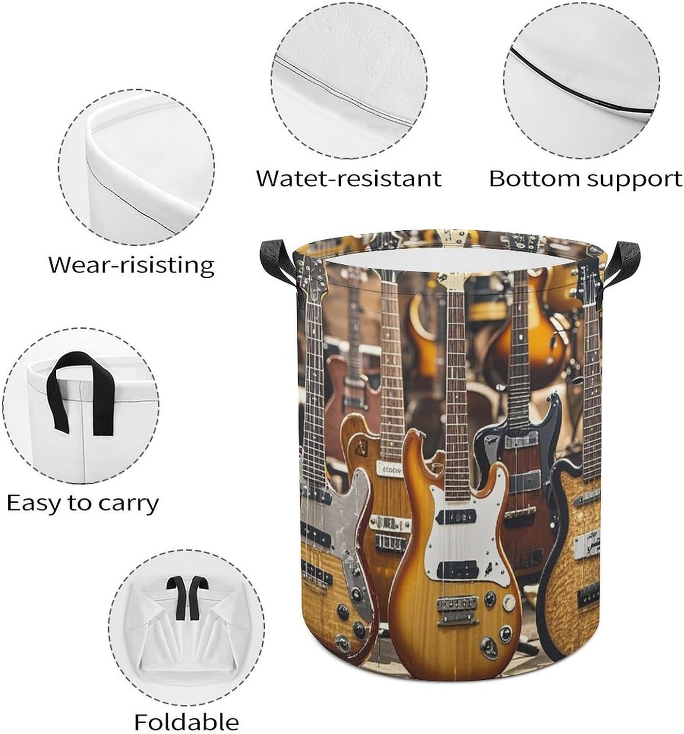 Guitar Bass Music Musical Instruments Laundry Basket with Handles, Laundry Hamper with Internal Support, Foldable Waterproof Clothes Hamper 44x35cm for Bedroom, Bathroom, Laundry Room, Living Room image 4