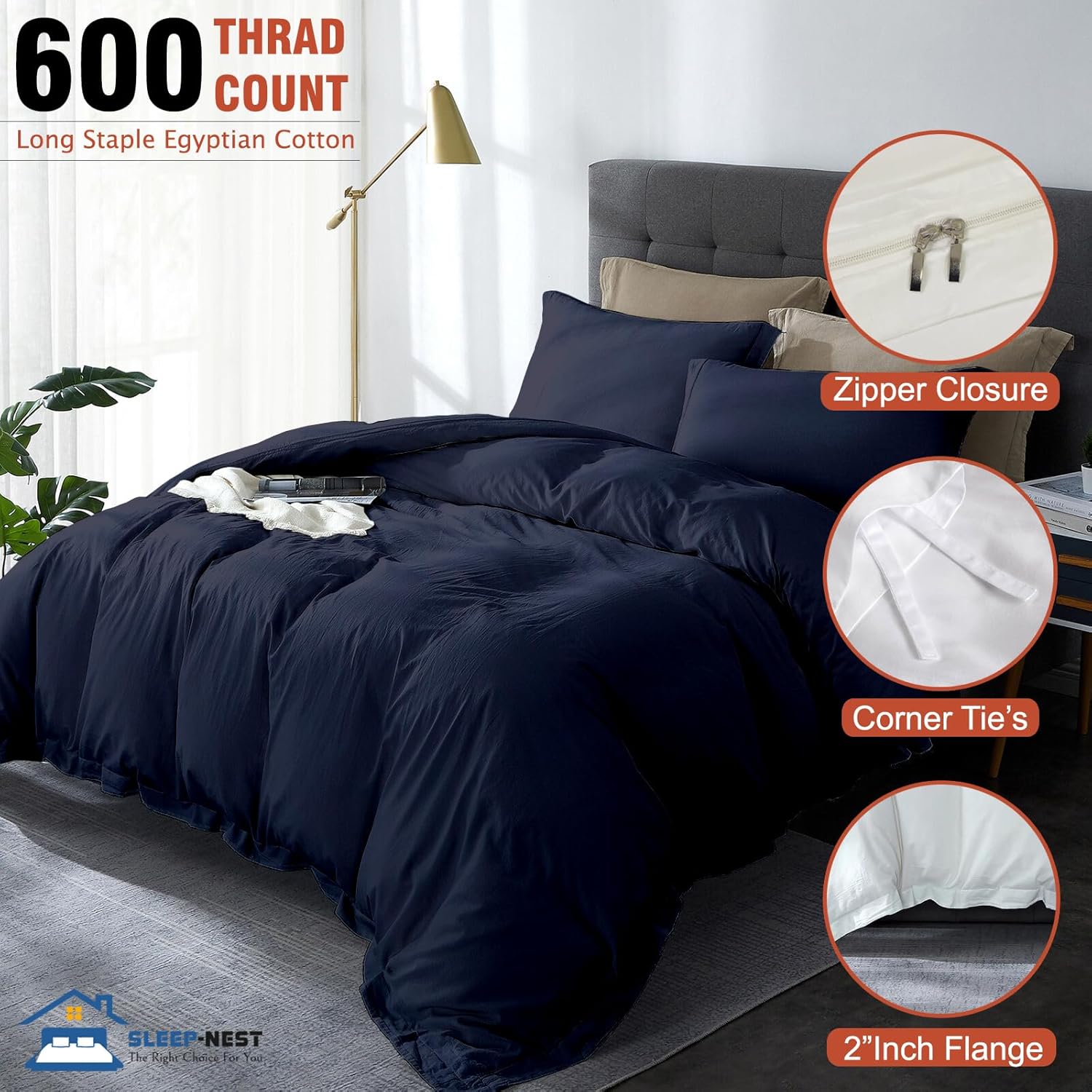 SLEEP-NEST Hotel Luxury - Super King Plus Duvet Cover Set 120x120-3 Piece Extra Large Bedding, 100% Egyptian Cotton, 600 TC, Soft & Breathable, Zipper Closure & Corner Ties, Oversized Fit - White