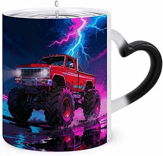 Color Changing Mug, Novelty Coffee Magic Cup, Monster Truck Roar | Heat Sensitive Coffee Mug, Heart Shape Handle, Ceramic Tea Cup, Surprise Color Changing Design Mugs for Birthday, Christmas