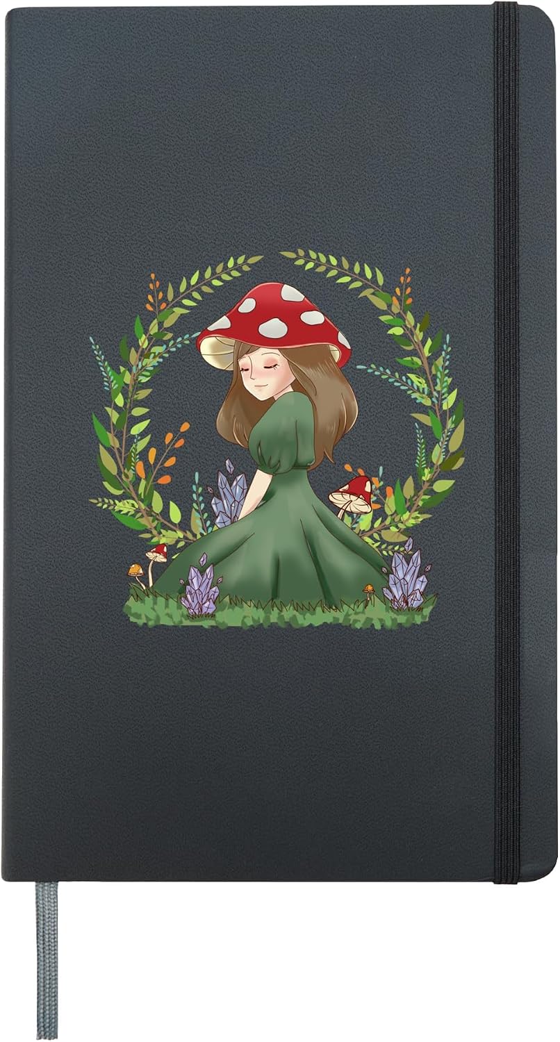 Cottagecore Aesthetic Cute Anime Girl Princess Mushroom Hat Hardcover Journal, Black