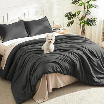 Litanika Dark Grey California King Comforter Set, 3 Pieces Solid Bedding