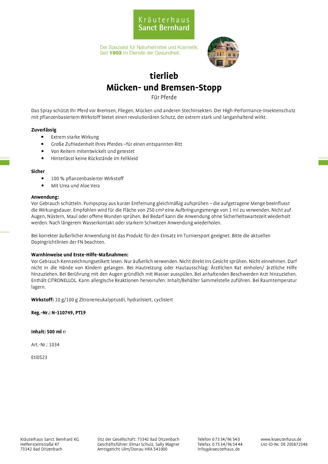 Sanct Bernhard tierlieb Mücken- & Bremsen-Stopp | Für Pferde | Schützt vor Bremsen, Fliegen, Mücken & anderen Stechinsekten | 500ml
