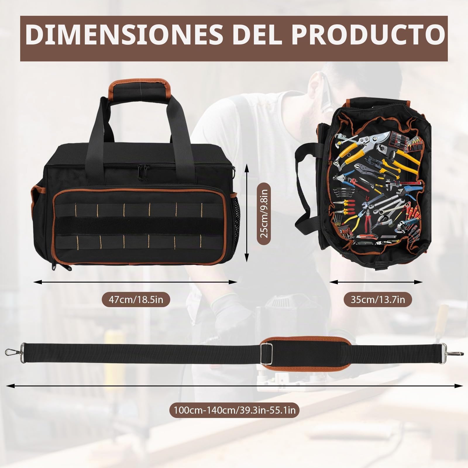 Bolsa de herramientas para electricista de 17 pulgadas, bolsa de herramientas con múltiples bolsillos, tela Oxford resistente con costuras reforzadas, correa de hombro ajustable, para