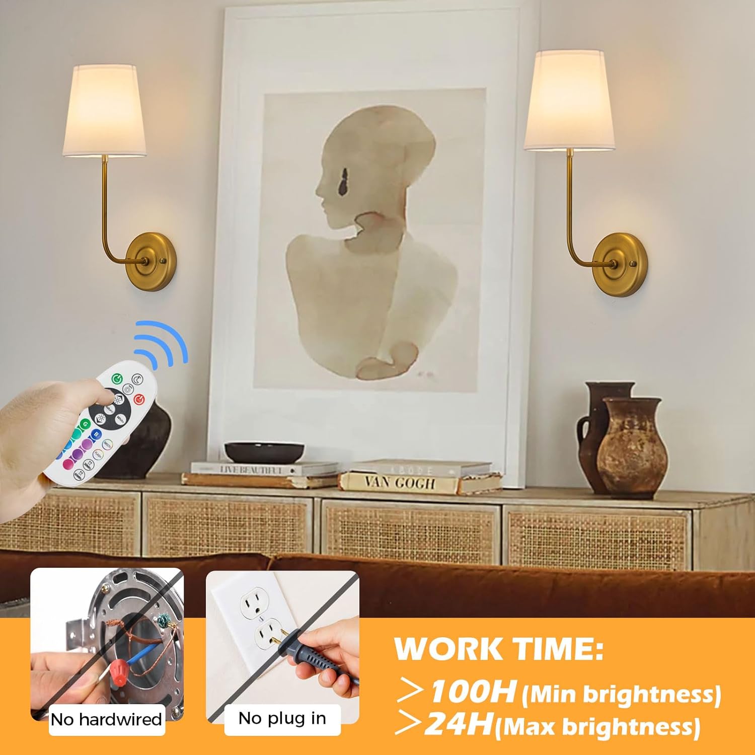 PASSICA DECOR Rechargeable Wall Sconces Set of 2, Battery Operated Wall Sconce Set of Two，Wireless Wall Lights with Dimmable LED Bulbs, 15 Colors and Remote Control, Bedroom, Living Room