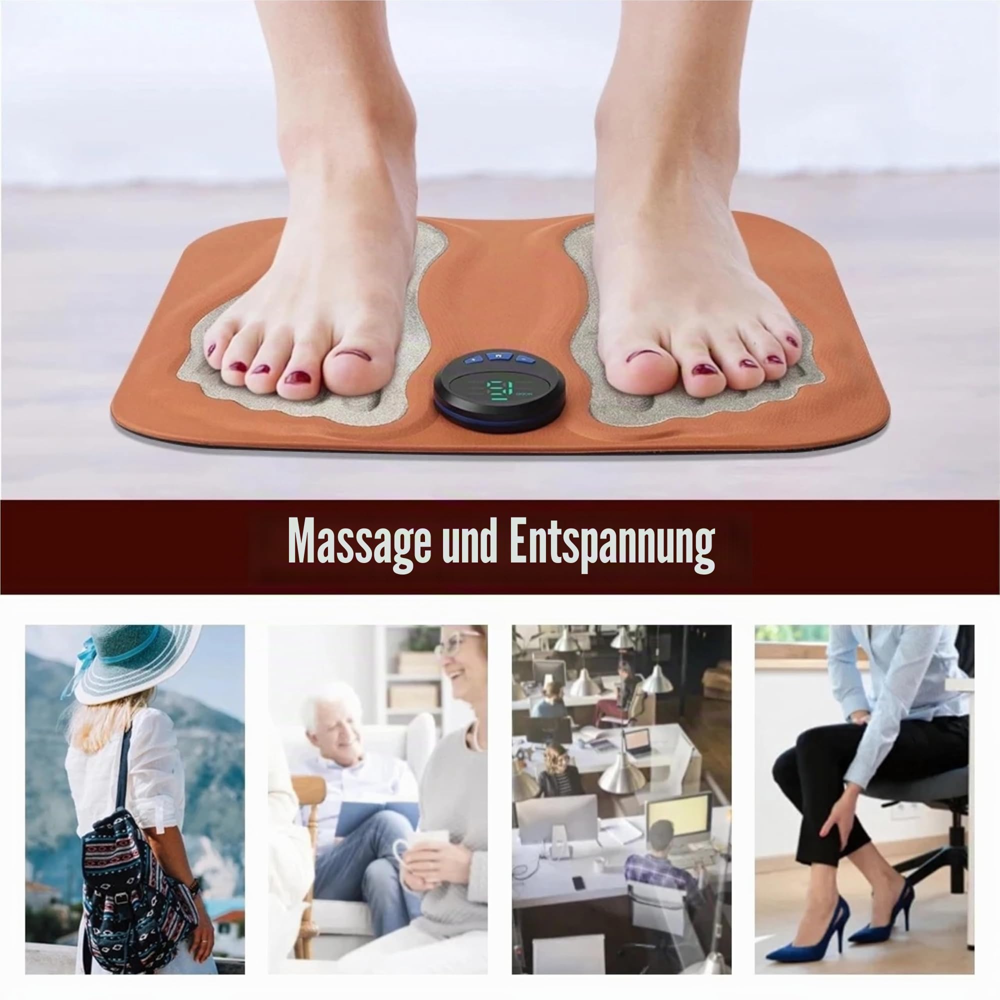 Lalano’S Cosmetics 3D Fußmassagematte – Fußmassagegerät mit niederfrequenten Impulsen, 6 Massageprogrammen & 15 Intensitätsstufen, fördert Durchblutung & Lymphfluss, kabellos, weich & faltbar