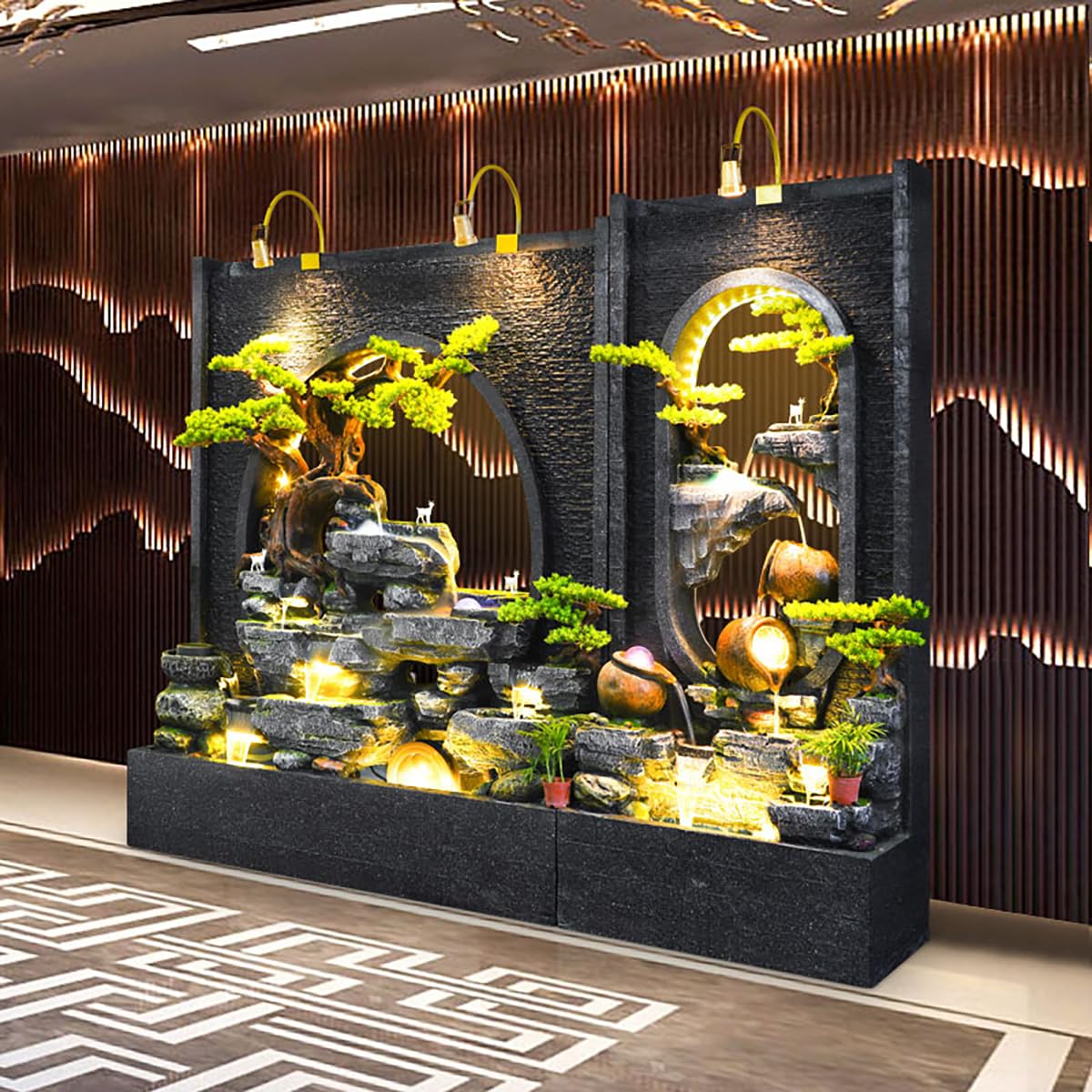 Outdoor-Wasserbrunnen mit LED-Licht, Zement, Steingarten-Textur, 190 x 178 x 43 cm (L x H x B) für Wohnzimmer, Balkon, Esszimmer, Gartenclub, Einweihungsgeschenk. Mehrere Optionen (B+C)