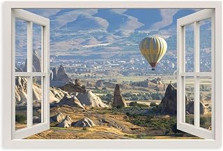 GOLDEN PINNACLE Hot Air Balloon Faux Open Window View Posters Painting Print Canvas Wall Art Suitable Decorating Bedrooms Living Rooms And Bathrooms Decor 12x08inch(30x20cm) Unframe-style