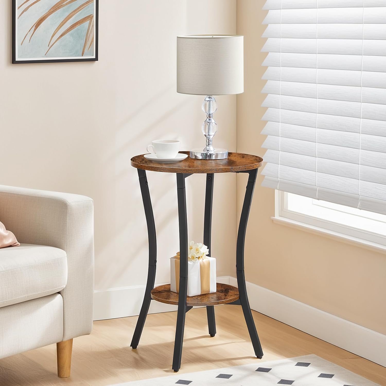 HOOBRO Round Side Table 15.7", 2-Tier Sofa End Table, Small Storage Nightstand, for Small Spaces, Living Room Bedroom Accent Table, Rustic Brown and Black BF180BZ01