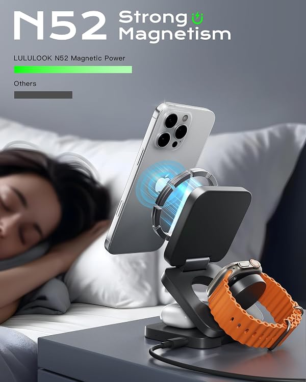 [Qi2 Certified] 3 in 1 Charging Station Mag-Safe Compatible, 15W Foldable Wireless Charger Stand, Fast Charging for iPhone 17/16/15/14/13/12, Apple Watch, AirPods (30W GaN USB-C Charger Included) by LULULOOK - Image 5