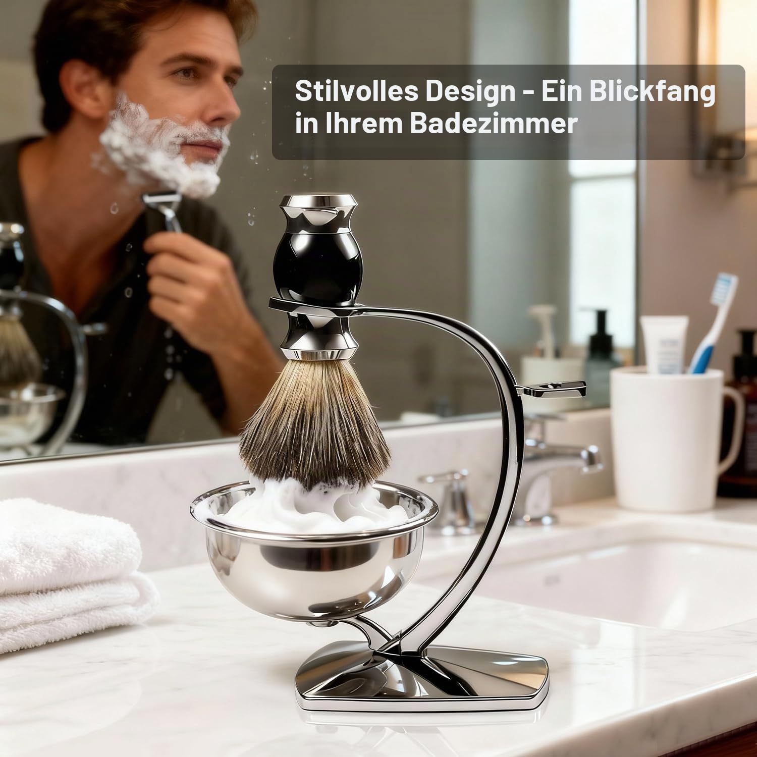 GRUTTI 3-in-1-Rasierset für Männer,Rasierhobel Ständer + Dachshaar-Rasierpinsel + Rasierschale, Rasiererhalter kompatibel mit Gillette-Rasierer manuellem Rasierer,Geschenk-Rasierset für Männer