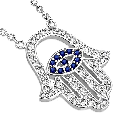 925 Sterling Silver Evil Eye Hamsa White Blue CZ Womens Pendant Necklace