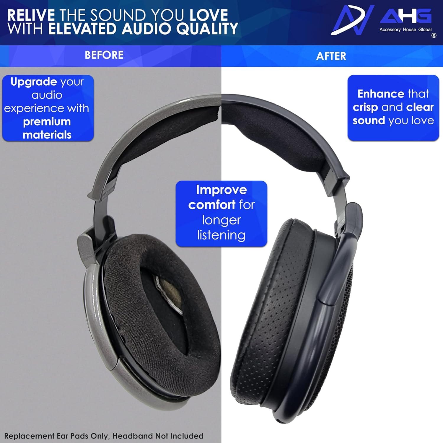 AHG Replacement Ear Pads & Headband Cushion Pad Compatible with Sennheiser Headphones HD600 HD650 HD660S HD 660S2 Massdrop X HD 6XX HD58X Jubilee HD580-Sheepskin Leather & AHG Dual-Layer Foam (Black)