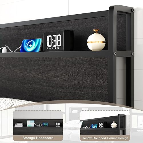 Miniatura 5 de AMERLIFE Marco de cama de almacenamiento elevable de tamaño matrimonial, marco de cama de plataforma de madera con estación de carga y