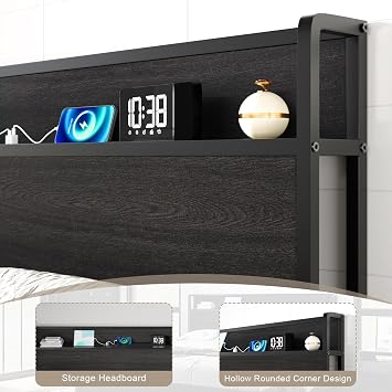 AMERLIFE Full Size Lift Up Storage Bed Frame with Charging Station | Wooden Platform Bed Frame, Under-Bed Storage Space, Storage Headboard, No Box Spring Needed, Noise Free, Black