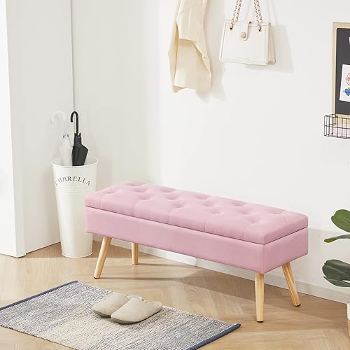 Miniatura 4 de Banco de almacenamiento moderno banco de entrada, banco otomano tapizado de lino para el pie de la cama, banco reposapiés con patas de madera, 40