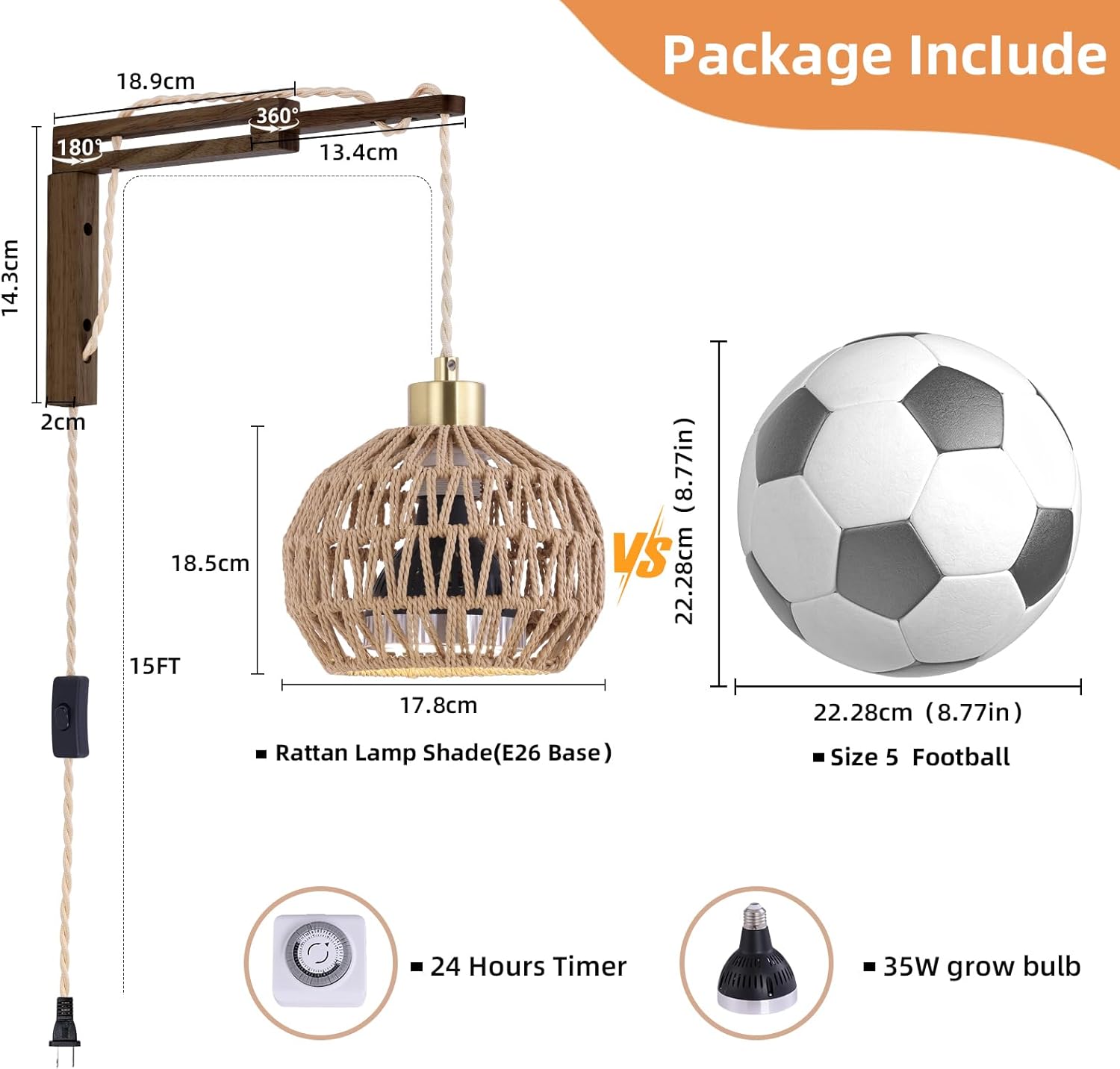 Hanging Grow Lights for Indoor Plants - 35W 4000K Full Spectrum Plant Light, Wall Mounted Grow Light with Wooden Bracket, Timer, 15FT Power Cord, Ideal for Plants, Flowers & Home Decor