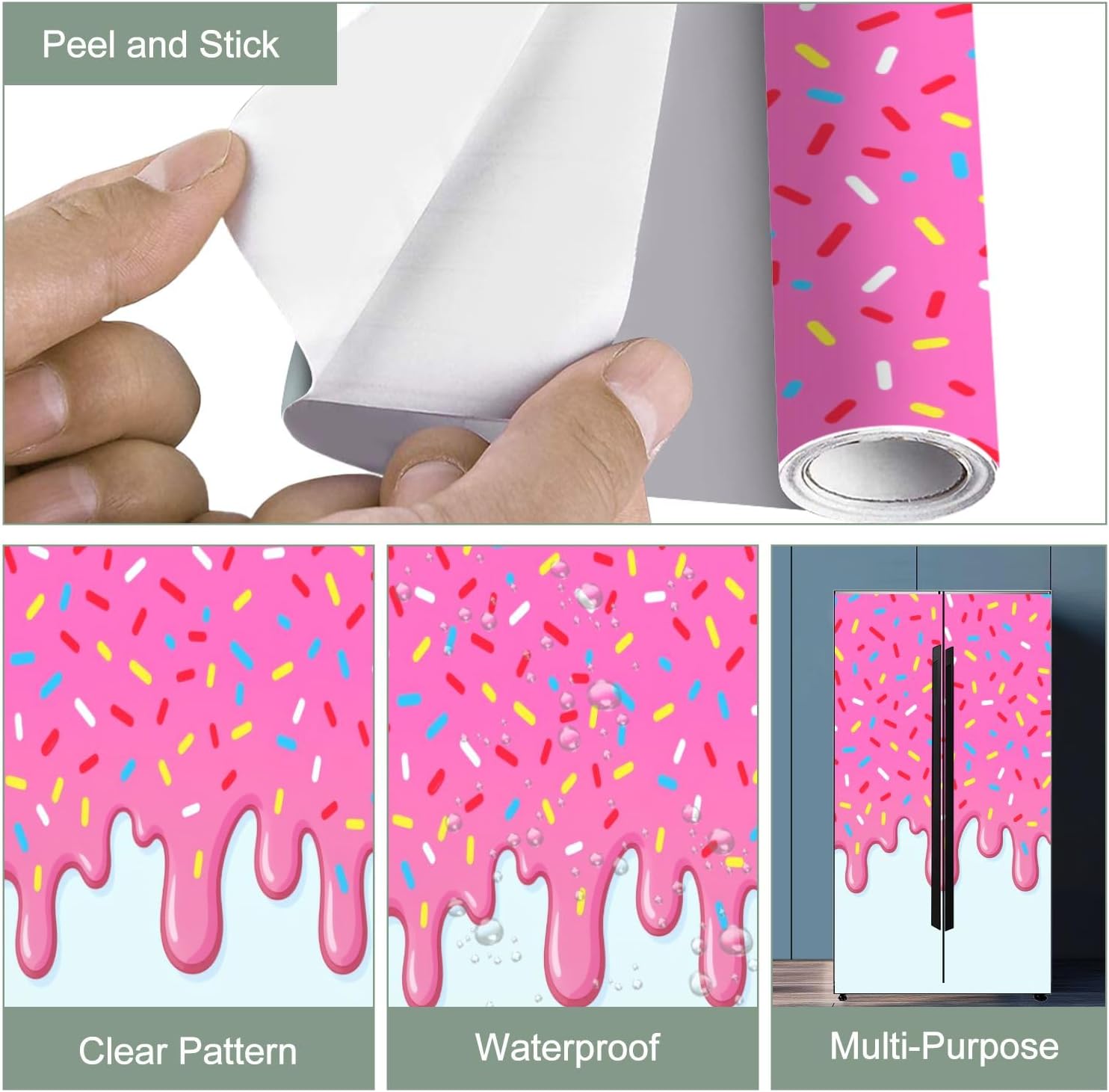 3D Door Sticker Pink ice Cream Melted Colorful Cute Candy Sprinkles Long Border Door Decal Peel and Stick Wallpaper Self-Adhesive Removable Mural Vinyl Stickers Poster Home Decor 30.3"x78.7"
