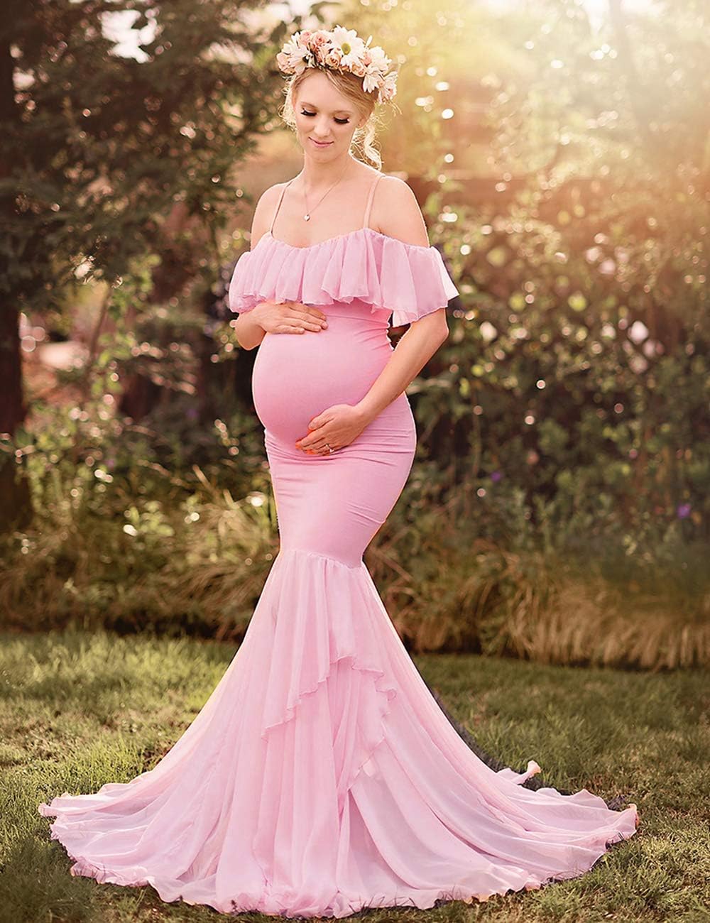 Maternity Off Shoulder Ruffles Elegant Fitted Gown Spaghetti Strap Mermaid Maxi Photography Dress for Photoshoot