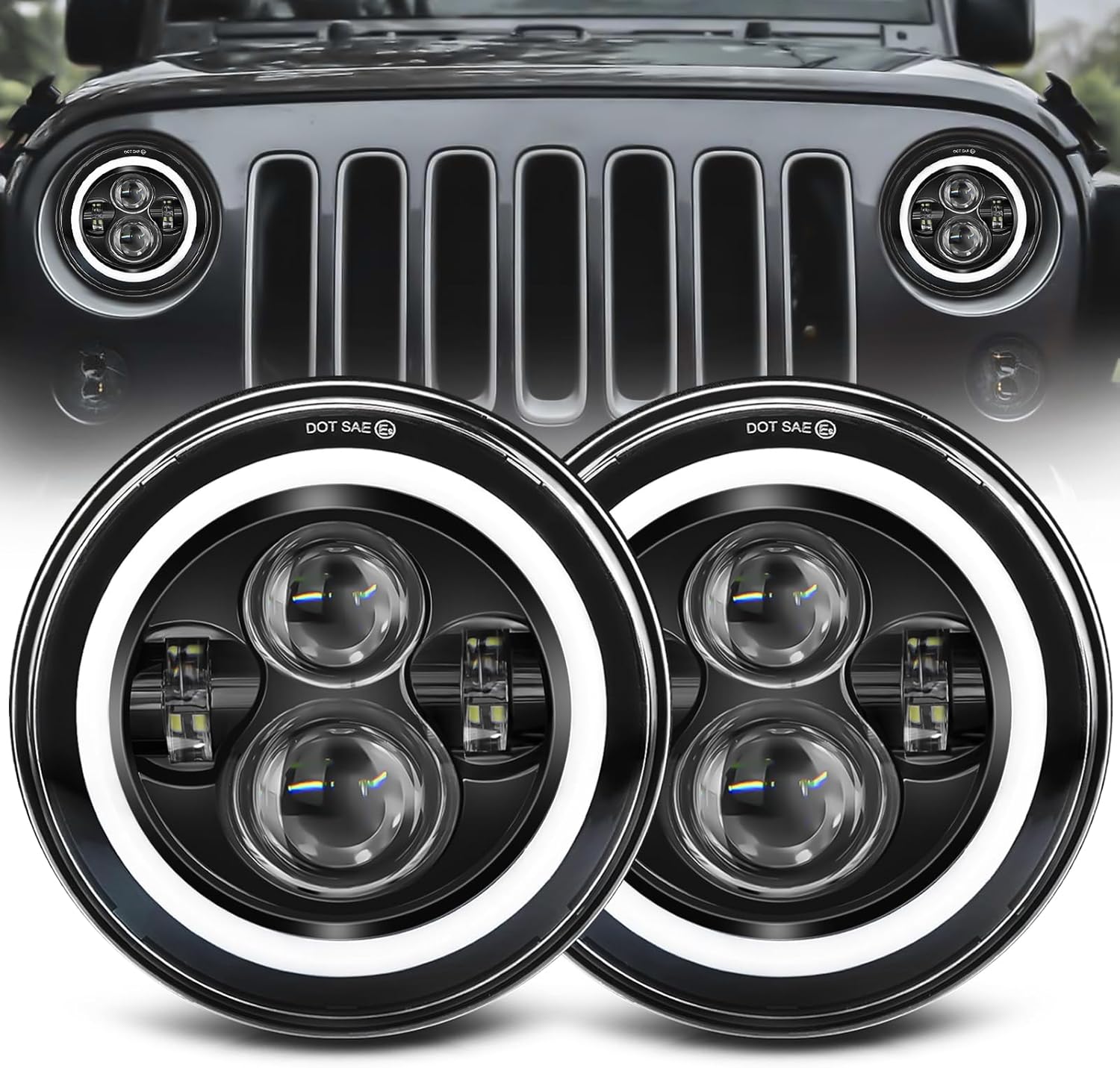 ZIMABLUE 7 inch led Headlight Round 2pc Projector 7 inch Halo led Headlight H6024 DOT Approved Hi/Lo Beam DRL Amber Turn Signal Compatible with Jeep Wrangler JK TJ CJ Compatible with Chevy