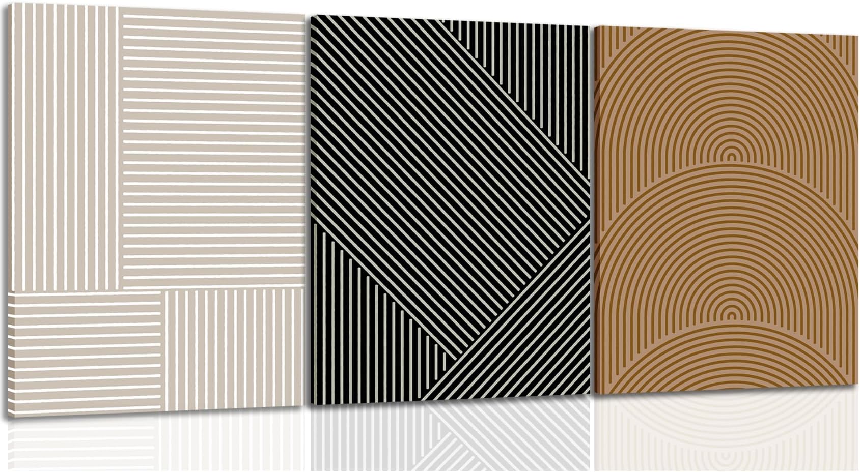YFvrPt Boho Neutral Canvas Wall Art Set of 3 Modern Abstract Picture Beige Brown Black Minimalist Line Mid Century Geometric Painting Artwork Prints for Wall Decor Aesthetic, Framed 12x16 In