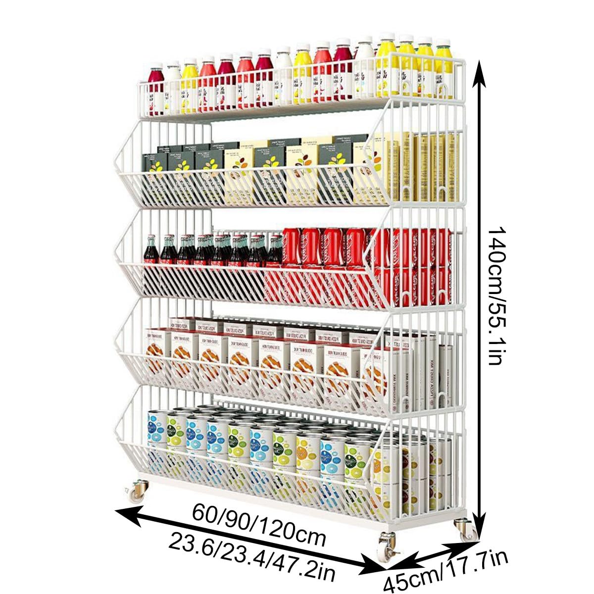 5 Tier Snack Rack Retail Display Stand with Wheels, White Metal Wire Basket Shelf, Vertical Retail Storage Rack for Grocery, Convenience Store & Home(White,L 90CM/35.4IN)