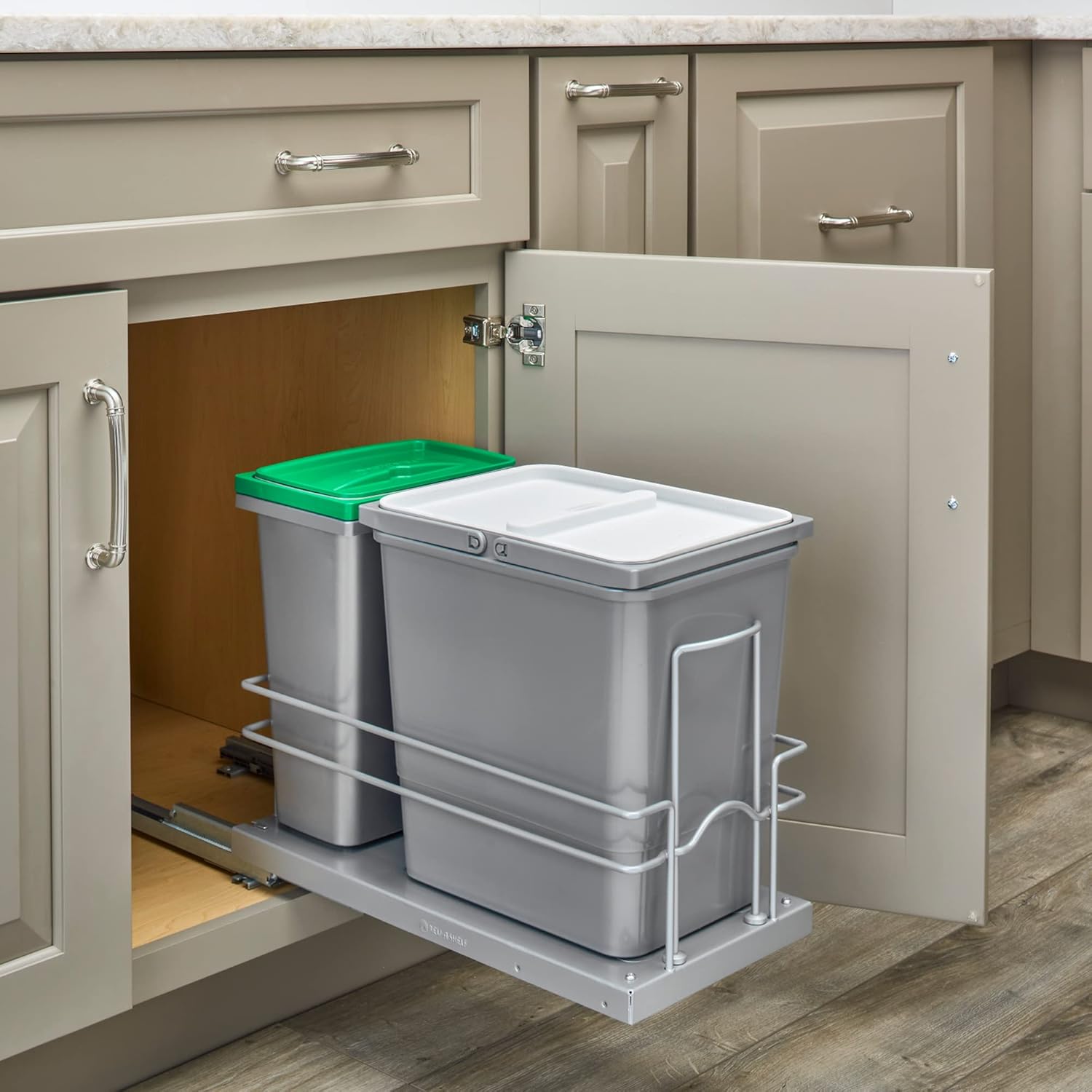 Rev-A-Shelf Undermount Pullout 15 L Trash Can & 8 L Recycle Bin w/Soft-Close Slides, Reduced Depth & Reduced Height, 5SBWC-815S-1
