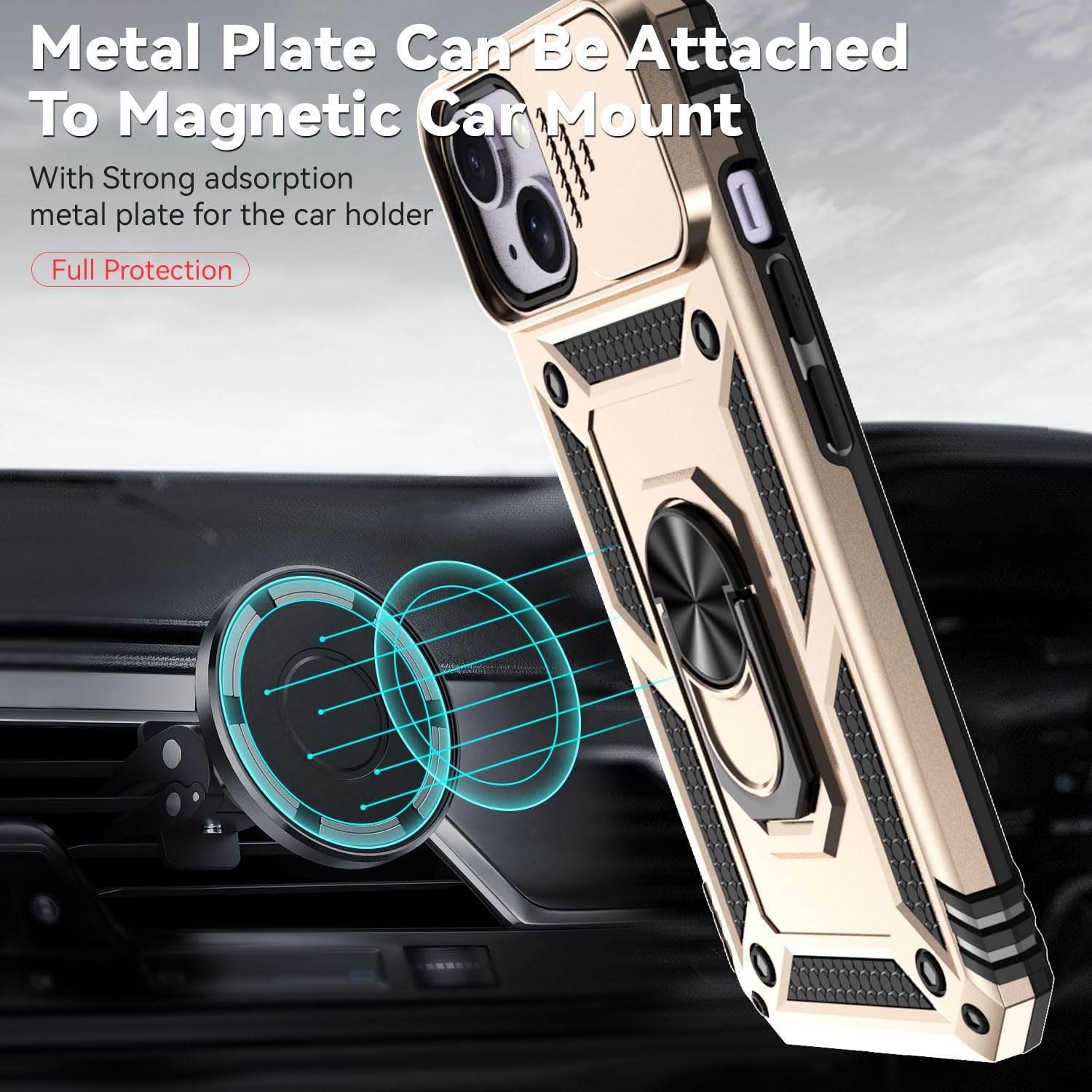SunStory Compatible with iPhone 14 Plus Case with HD Screen Protector & Slide Camera Cover & Rotated Ring Kickstand, [Military-Grade] Phone Case for iPhone 14 Plus (Gold) - Image 4