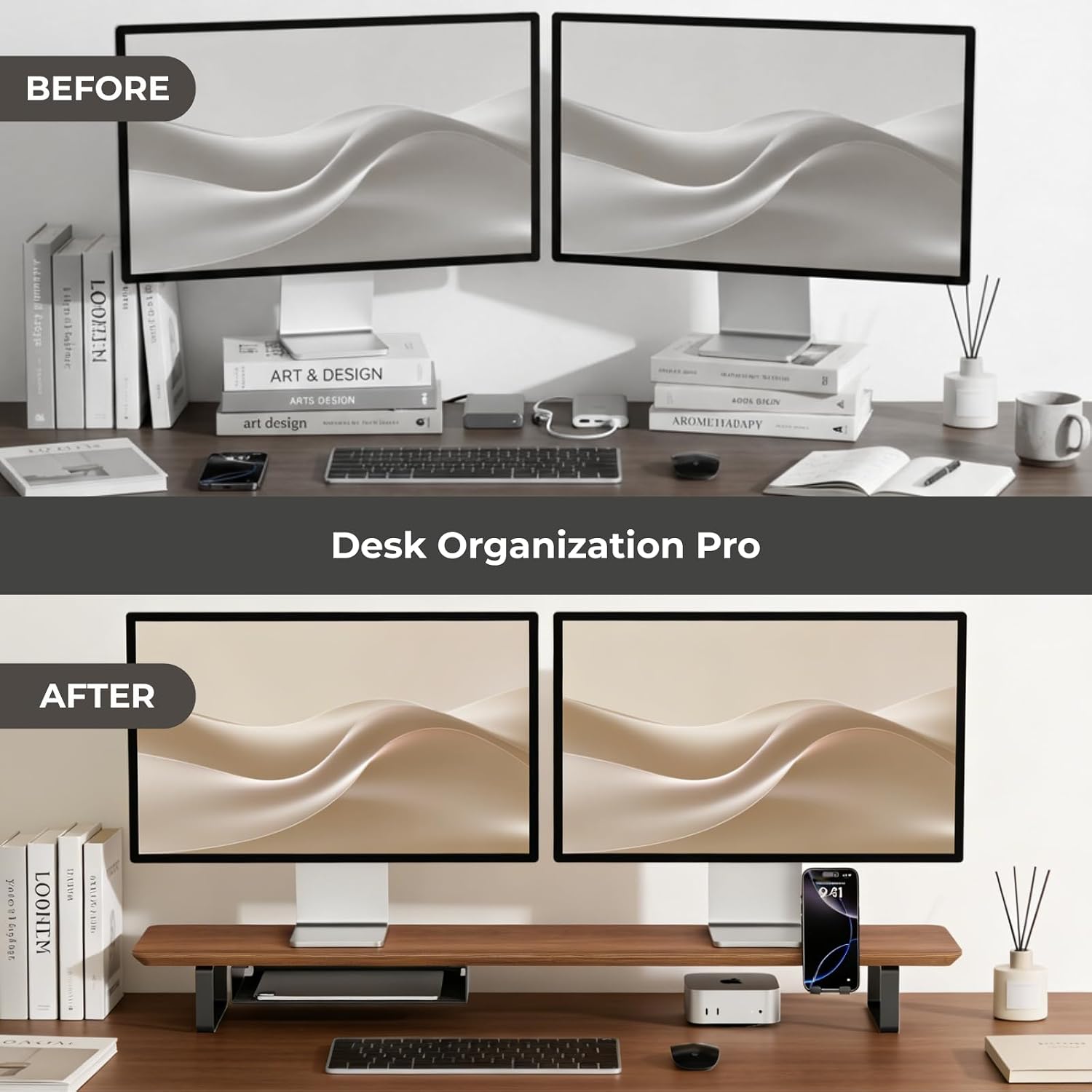 muso wood Dual Monitor Stand with Storage Shelf, 45 Inch Wooden Monitor Riser for 2 Monitors, Walnut Desk Shelf for Computer, Laptop, Screen, TV, Printer