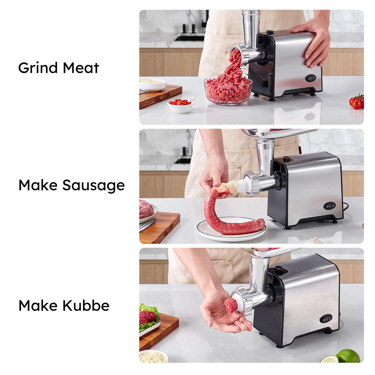 Yabano Picadora de carne eléctrica 3 en 1, de acero inoxidable, con relleno de salchichas, 3 placas de lijado, accesorio Kubbe y tubos de llenado de salchichas para el hogar y la cocina