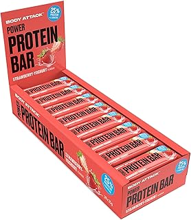 Body Attack POWER PROTEIN BAR - Strawberry-Yoghurt, 24 x 35 g - Fitness Protein Riegel fettarm - Eiweißriegel mit wichtigen Vitaminen, L-Carnitin & 25% hochwertigem Milcheiweiß - Made in Germany