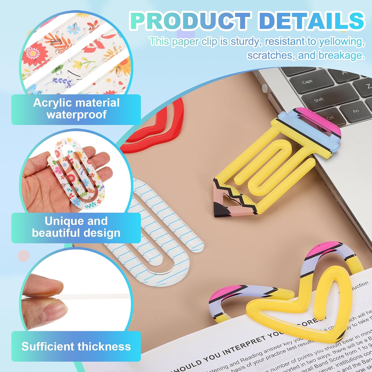 PATIKIL 10Pack Acrylic Paper Clip, 1.97 x 3.94 Inch Flower Pattern Huge Sublimation Paper Clip Bookmarks with Card for Office Holders Envelope DIY Crafts Gifts Home, White image 3