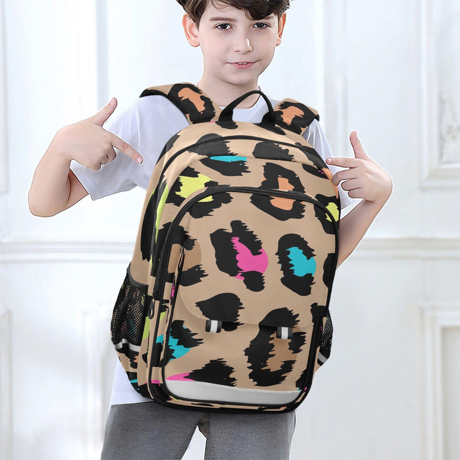 Kinder-Rucksack, bunt, Leopardenmuster, Schultasche, Rucksack, Tagesrucksack, Büchertasche, Reiserucksack für Jungen und Mädchen, mehrfarbig, 33 x 22 x 45cm / 12.9 x 8.6 x 17.7inch