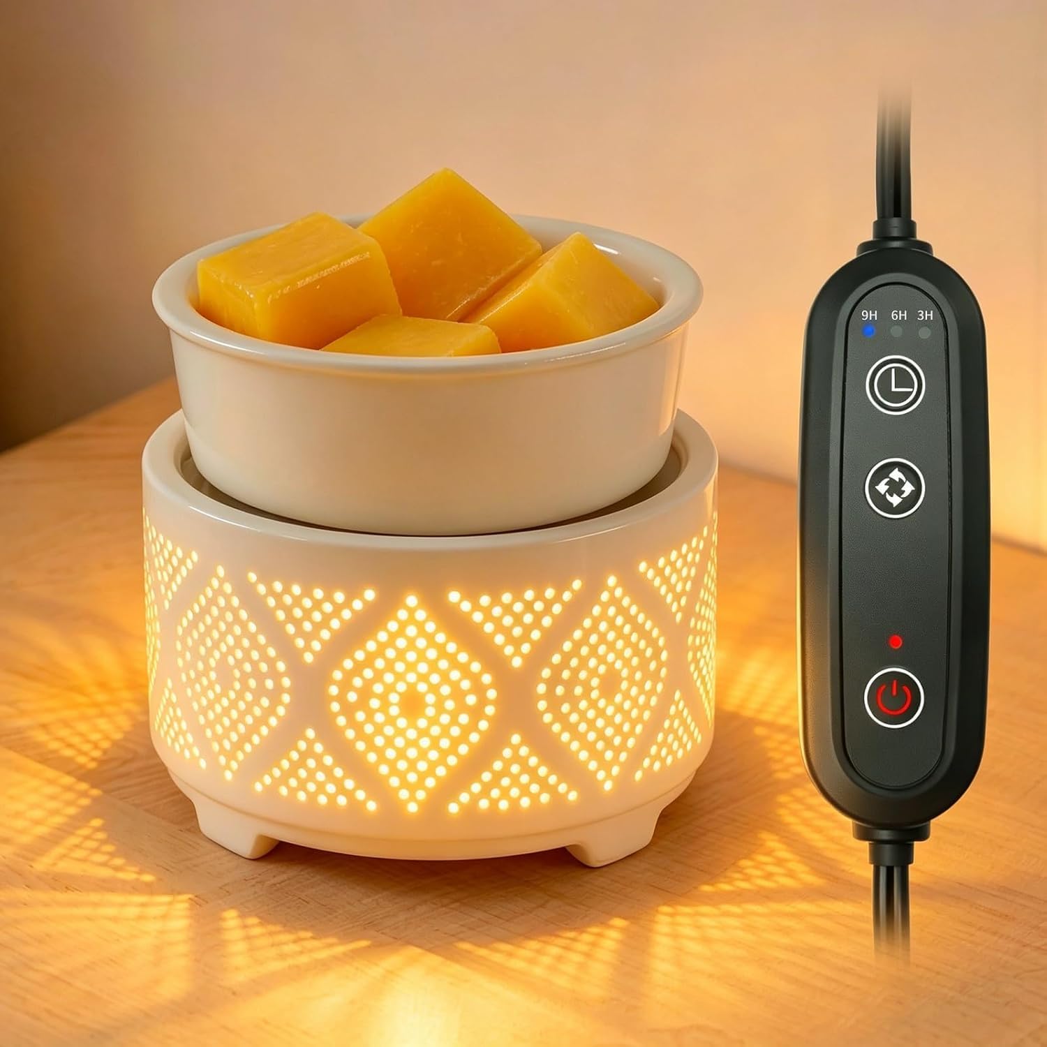 Wax Melt Burner Ceramic Electric 4-in-1 Candle Warmer Lamp with 7-Color LED Light Fragrance Oil Burner for Scented Wax Candle Jar Home Office Bedroom Decor Gifts for Women Mom - Flower Pattern